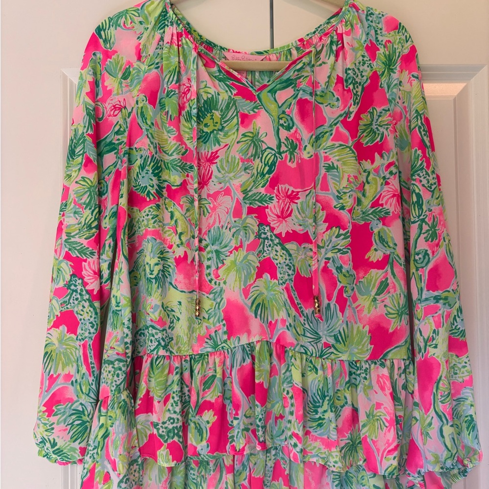 Lilly Pulitzer Pink & Green Tropical Ruffle Tunic